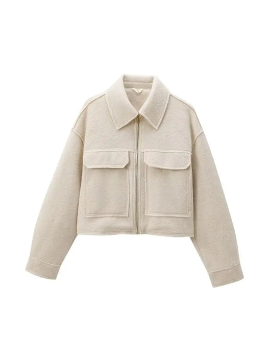 TRZA-Kurzjacke mit Taschen für Damen, Langarmmantel, Reißverschluss vorne, Damenoberbekleidung, schicke Oberteile, Mode