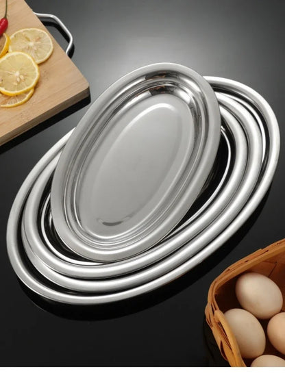 1Pcs 304 Stainless Steel Plate Oval Fish Dish Dinner Dessert Food Sushi Snack Steaming Fruit Dish Household Restaurant Tableware.