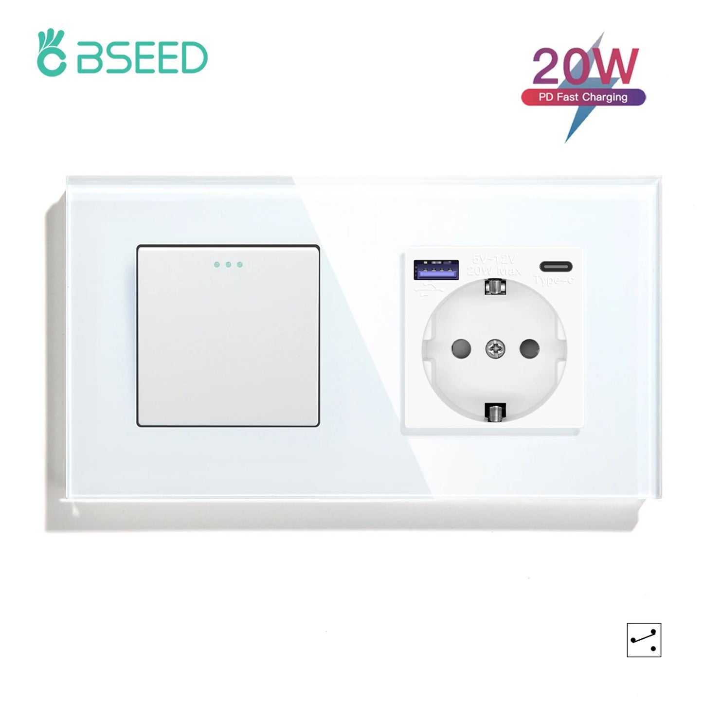 BSEED 1/2/3 Gang Wandschalter 2-Wege-Treppenlichtschalter Plus Typ-C USB-Buchse EU-Standard-Glasscheibe