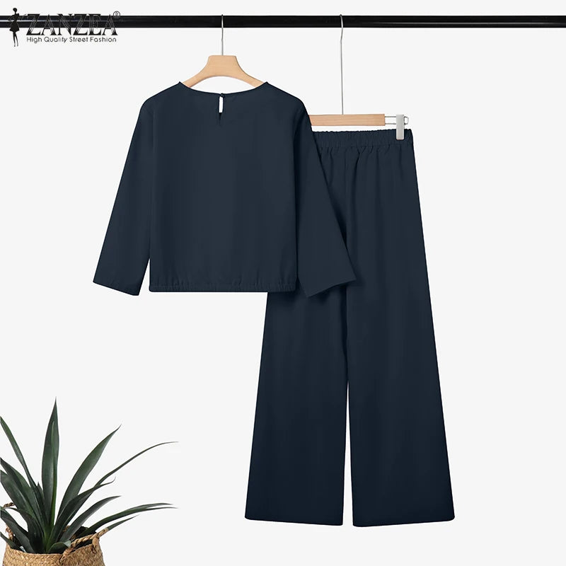 ZANZEA 2025 Women Autumn Matching Sets Solid Outfits Vintage Casual O Neck Long Sleeve Tops Pant Sets Fashion OL Work Tracksuit.