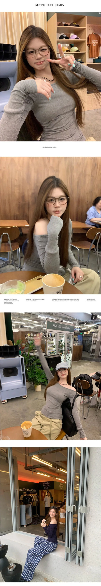 Spicy Girl Diagonal Shoulder Long Sleeve Women's T-shirt Base Layer Shirt Waist Inward Design Polo Collar Top.