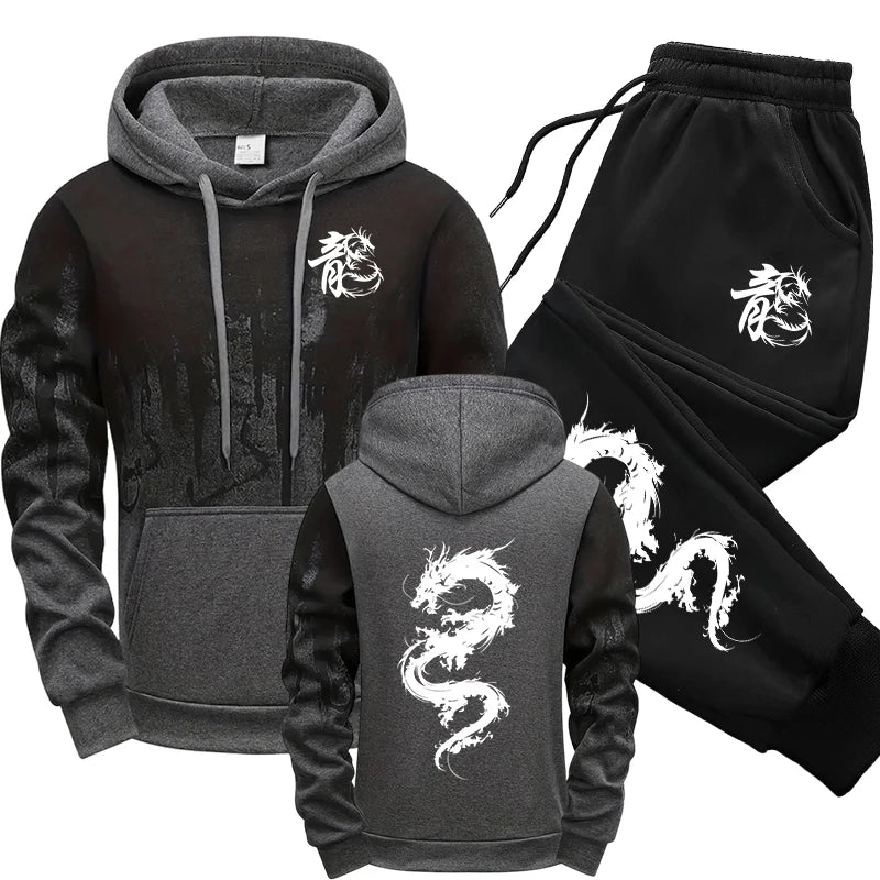 Chinese Dragon Tracksuit Hooded Sweatshirt Sweatpants City Vibe Hoodie 2 Piece Set Autumn Winter Men's Daily Casual Sport Outfit.