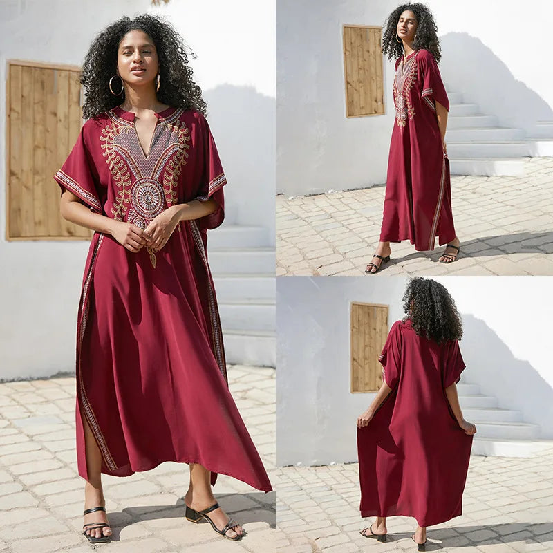Badeanzug Vertuschungen Stickerei V-Ausschnitt Kurzarm Bad vertuschen für Frauen Kaftan Kleider.