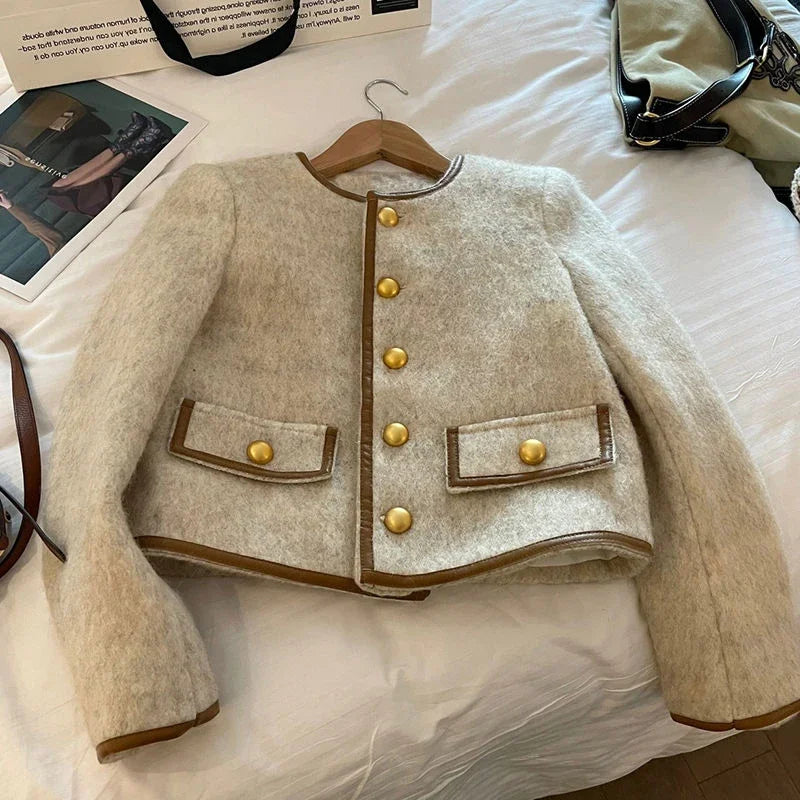 Vintage Cropped Tweed Jacket Women Thicken Quilted Blazer Korean Elegant Short Coat Winter Single Breasted Casual Outerwear Tops.