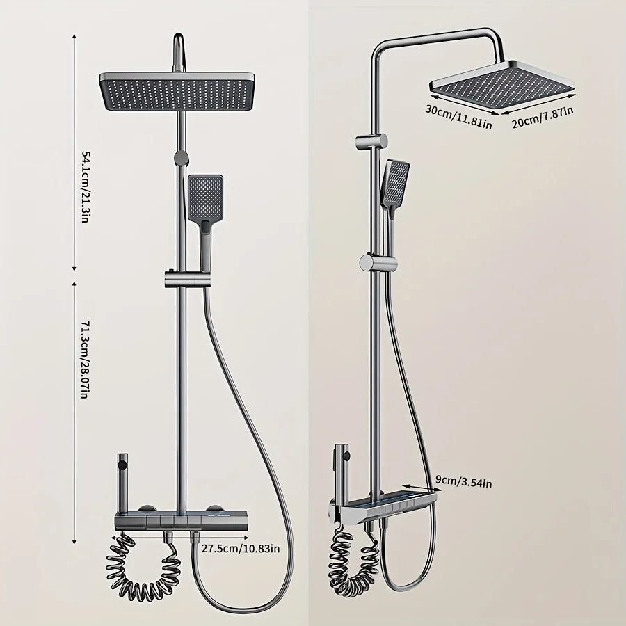 Bathroom Luxury Shower System with Tempered Glass Piano Key Smart Digital Display Thermostat Mixer Shower Faucet Full Set