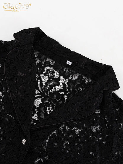 Clacive Sexy Loose Black Lace See Through Trousers Sets Women 2 Pieces Fashion Long Sleeve Shirt With High Waist Wide Pants Set.