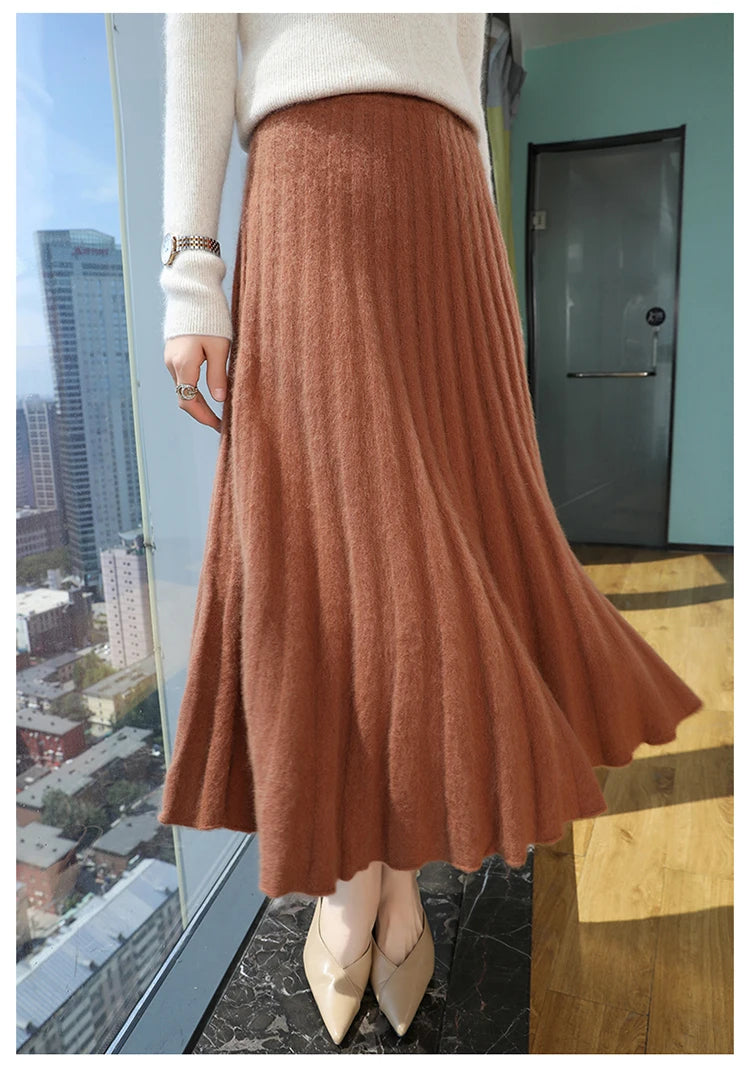 mink cashmere skirt Fashion long dress women A-line skirt autumn winter loose pleated skirt elegant high-waisted skirt ladies.