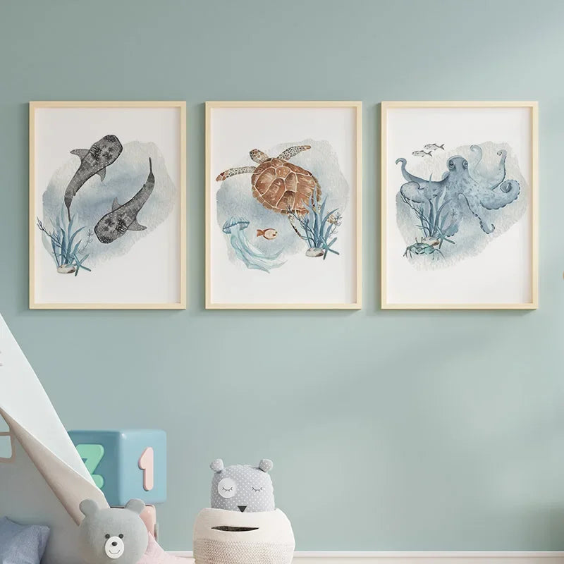 Posters And Prints Whale Fish Shark Octopus Turtle Sea Animals Nursery Wall Art Canvas Painting Pictures Baby Kids Room Decor.