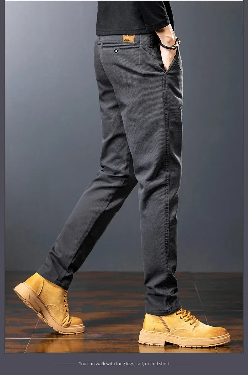 Men's Twill Slim Pants Business Straight Cotton Casual Trousers Brand Fashion Korean Elastic Coffee Black Gray Pant.