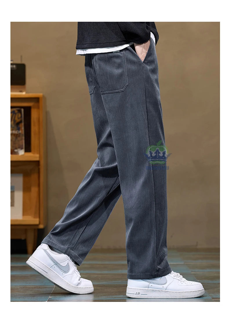 Autumn Winter Men's Corduroy Pants Elastic Waist Fashion Stretch Loose Straight Black Grey Thick Trousers Male Plus Size M-5xl.