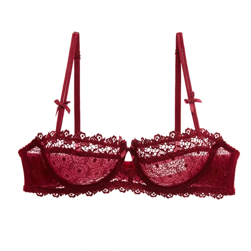 Plus Size Sexy Half Cup Lace Bra Sheer Mesh Unlined Bralette for Women A D Cup, Invisible Push Up Underwire Lingerie Set