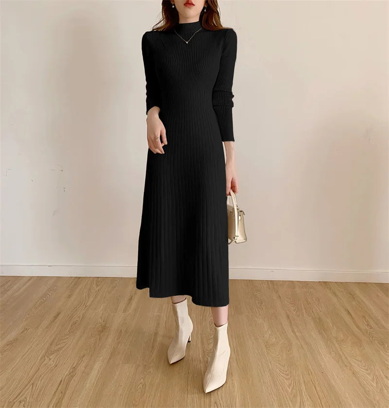 Herbst Winter schlankes Langarm Party Midi Kleid für Frauen gestrickt halbhohen Kragen elegante Strick pullover Kleider Damen