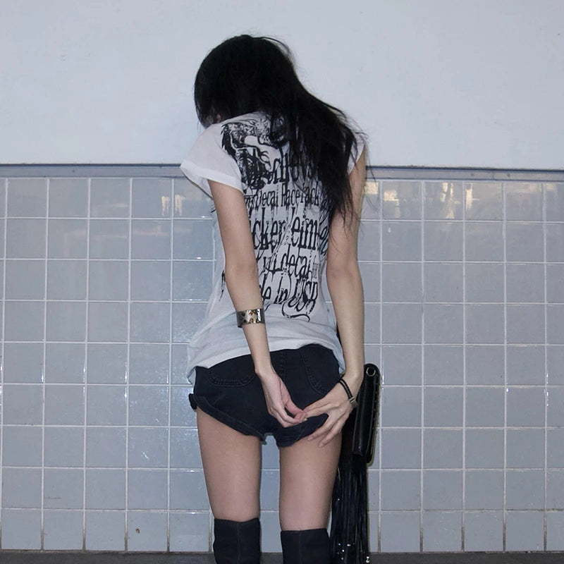 Karrram Japanese Y2k Letter Print T-shirt Trashy 2000s Style Tattoo T Shirt Vintage Harajuku Short Sleeve Sheer Tops Grunge Goth.