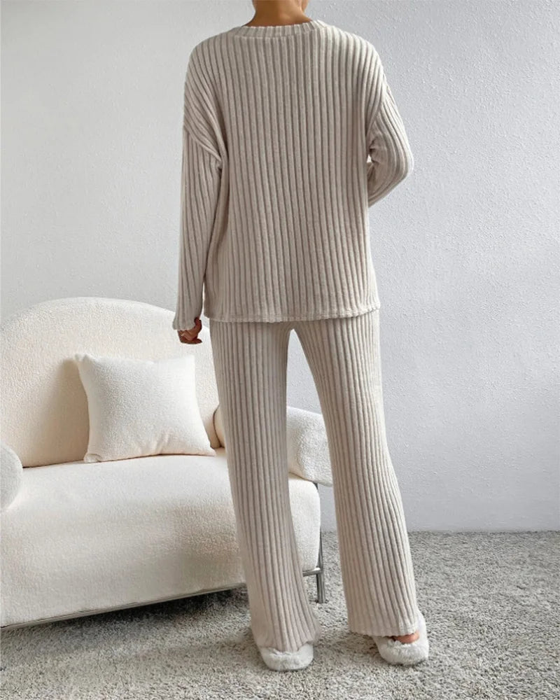 Autumn Winter Ribbed Knit Two Piece Set Womens V Neck Long Sleeve Top Wide Leg Pants Loungewear Casual Solid Color Outfit.