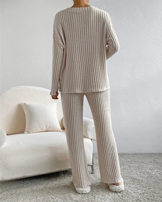 Autumn Winter Ribbed Knit Two Piece Set Womens V Neck Long Sleeve Top Wide Leg Pants Loungewear Casual Solid Color Outfit.