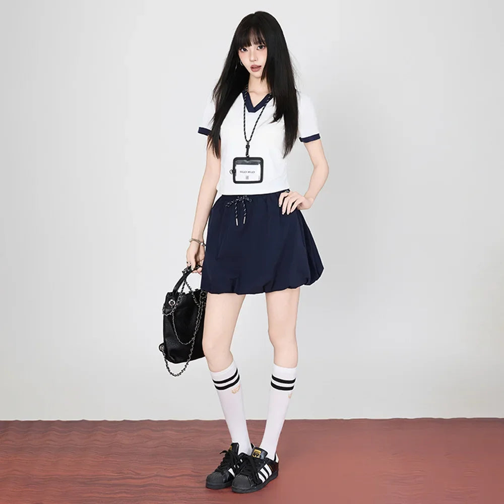 Korean College Style Half-length Shorts Floral Pants White Short-sleeved Set 2025 Versatile New Model Cotton V-neck T-shirt.