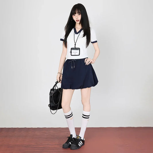 Korean College Style Half-length Shorts Floral Pants White Short-sleeved Set 2025 Versatile New Model Cotton V-neck T-shirt.