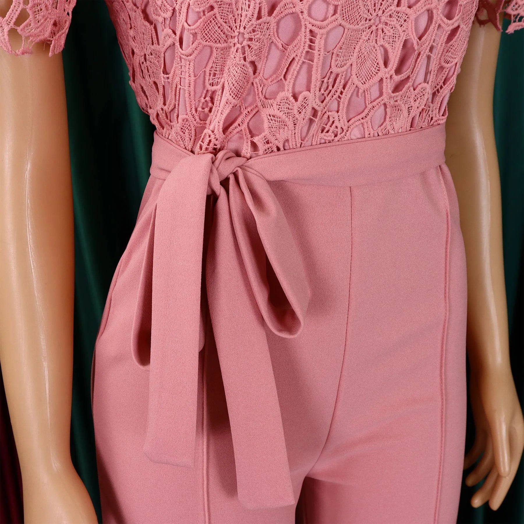 Elegant Jumpsuits & Rompers for Women O Neck Lace Patchwork Short Sleeve Sashes High Waisted Luxury Birthday Party Dinner Outfit.