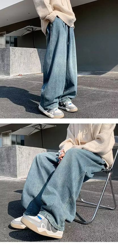 2024 New Trendy Wide-Leg Jeans Men's Loose-Fit Straight-Leg Casual Long Pants Vintage Washing Distressed Style.