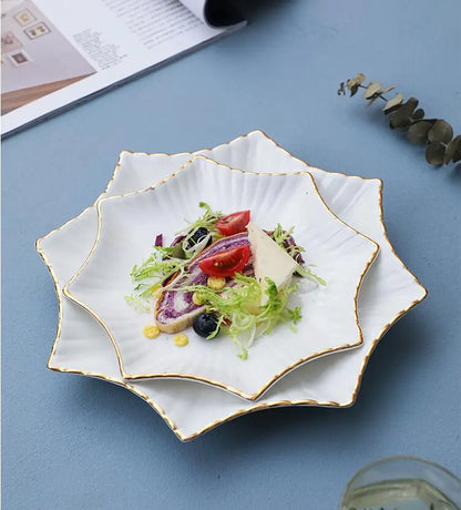 European Golden edged ceramic plate creative home serving plate special-shaped ceramic cutlery dinner plates fruit snack plates.