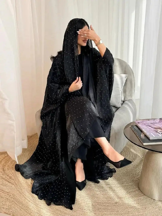 Ramadan Wave Point Black Open Muslim Modest With Hijab Women Kimono Abaya Damen Dubai Islam Kebaya Kaftan Robe Femme Musulman.