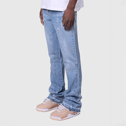 Men's Fashion Jeans Work Pants, European and American Fashion Workwear Elastic Patchwork Denim Layered Flared Pants S-XXL.