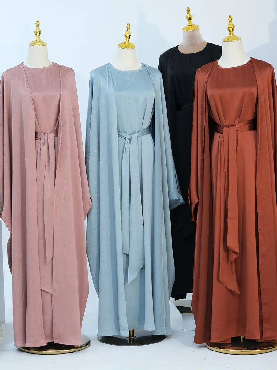 Muslim Turkish Women Arabic Dubai Abaya Long Dress Modest Ramadan Robe Liner Dress Kaftan Two-Piece Set Femme Islam Clothing Set.