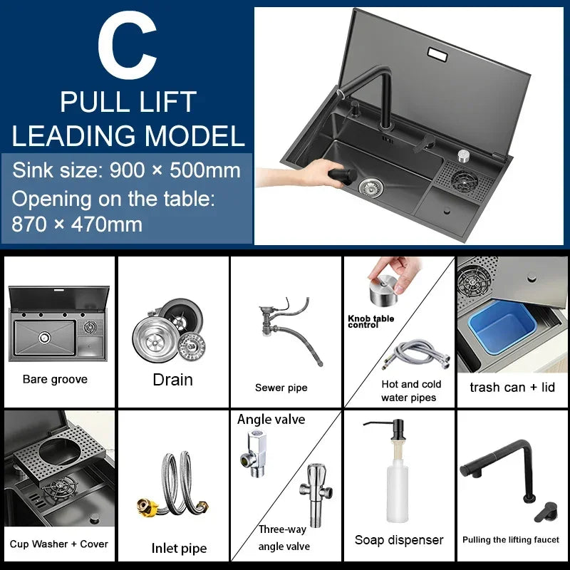 Hidden Cup Washer Sink With Cover Kitchen Sink Stainless Steel Washbasin Multifunctional Large Single Slot For Kitchen