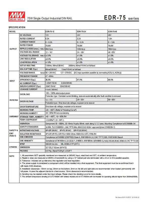 MEAN WELL EDR-75 120 150 12V 24V 48V meanwell EDR-75 120 150 12 24 48 V Single Output Switching Power Supply.