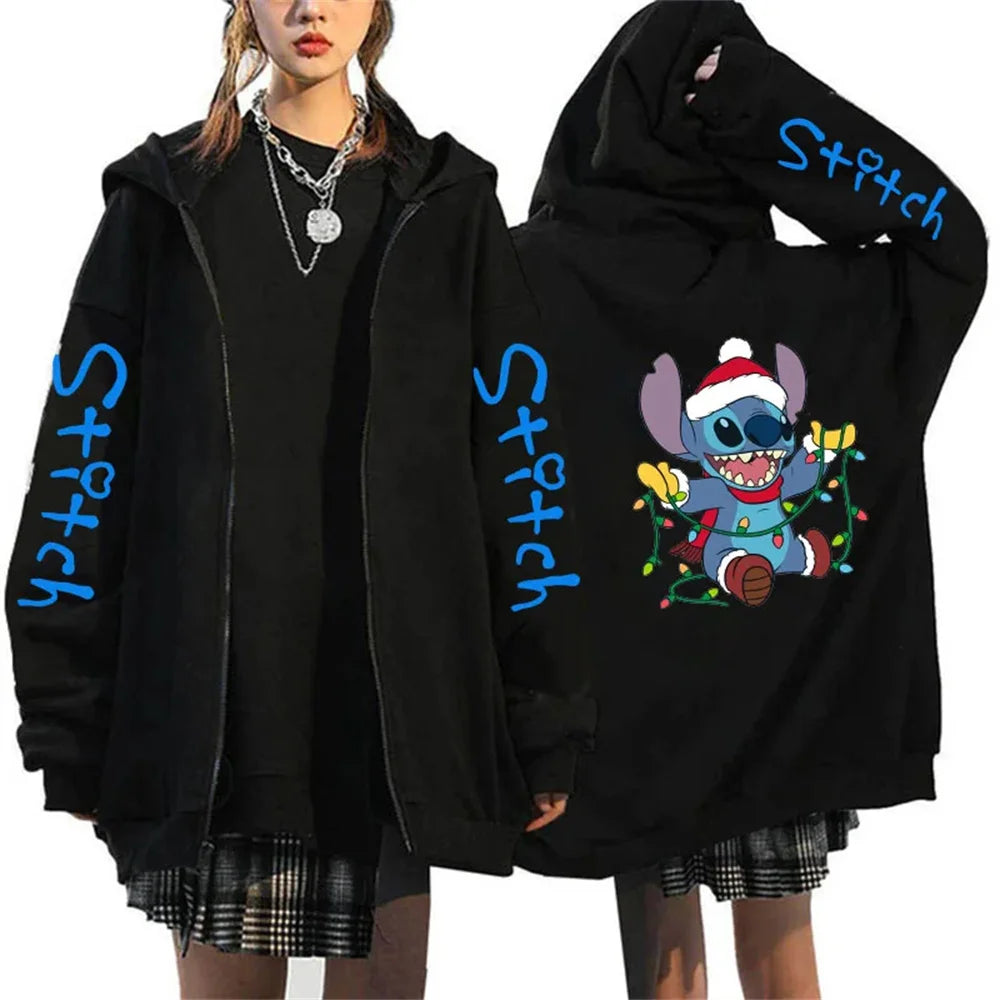 Men's and women's Lilo Stitch hooded jackets, Bonita Harajuku anime, cartoon Gothic streetwear, women's zippered sweaters.