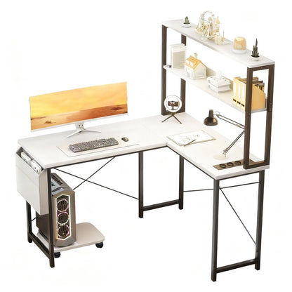 Weißer L-förmiger Schreibtisch mit LED Beleuchtung Doppelregal USB Steckdosen Gaming und Arbeitstisch