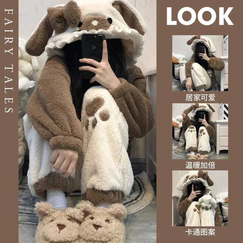 Cute Little Bear Pajamas for Women Thick Warm Fleece Home Wear Set Autumn Nightgown Girls 2025 New Winter Nightclothes 2Pcs.