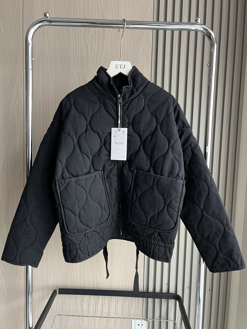 ZW Women's Cotton Jacket  2025 New Arrival Vintage Lenzing Rayon High Collar Large Pocket Decorative Quilted Coat for Women.