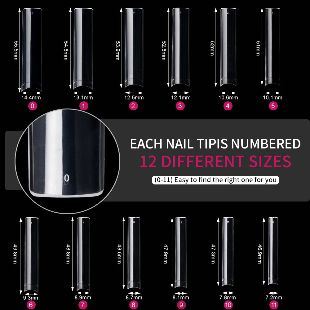 240PC Professional 3XL Extra Long Clear Square Nail Tips 12 Sizes Half Cover Acrylic Nails NO C CURVE Long Square Fake Nail Tips.