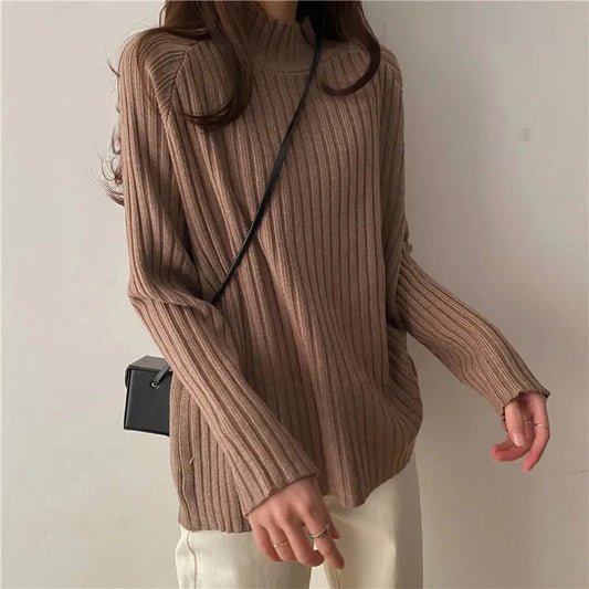Rollkragen Gestrickte Pullover Frauen Herbst Winter Mode Lose Lange Hülse Alle Spiel Pullover Pullover Solide Büro Dame Jumper