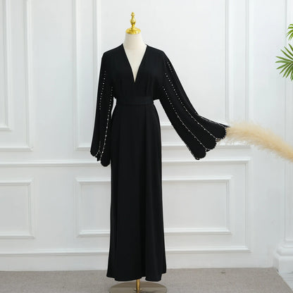 Middle Eastern Modest Dress with Pearl Sleeve for Muslim Women Ramadan Dubai Black Abaya Islam Party Jalabiya Outfit Turkey Robe