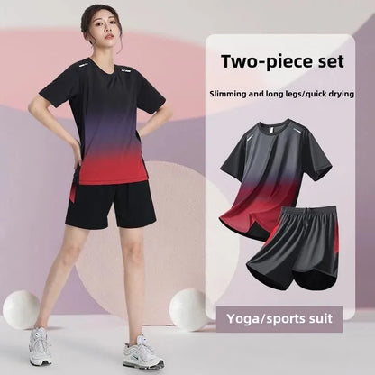 Men's Fitness Ice Silk Sports Suit Short Sleeve Training Room Basketball Morning Run Summer Outfit Shorts And T-shirt Set.