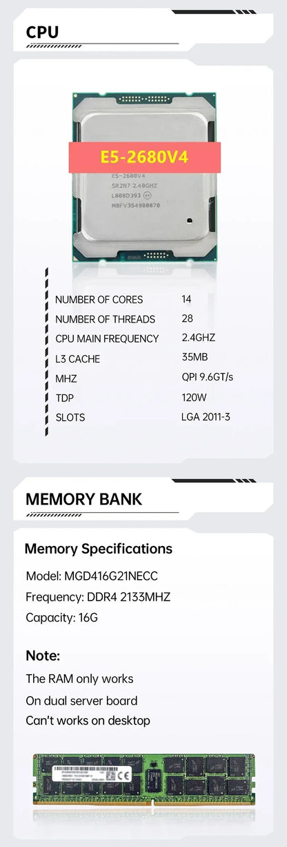 SOYO NEW X99 Dual CPU Motherboard Kit lntel Xeon E5 2680 V4&DDR4 64GB (4*16GB) LGA2011-3 M.2 NVME for Desktop Gaming Computer.