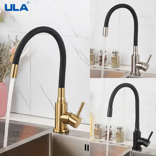 ULA Gold Kitchen Faucet Stainless Steel Flexible Spout Kitchen Sink Faucet Hot Cold Water Sink Mixer Tap 360 Degree Rotate Crane