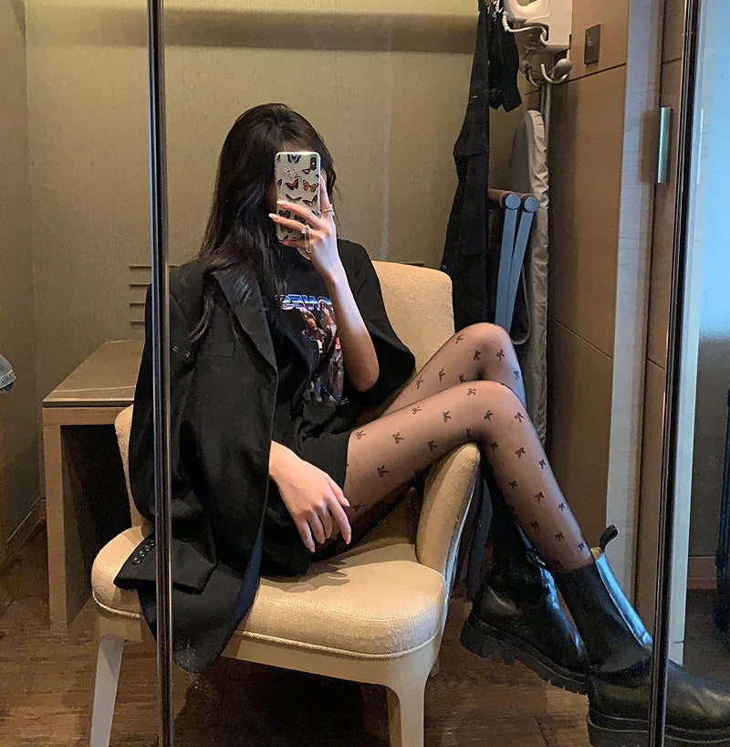 Black Polka Dot Butterfly Knot Tights Ultra Thin Women's Stockings Prevent Snagging Sexy Silk Pantyhose Spring Summer.