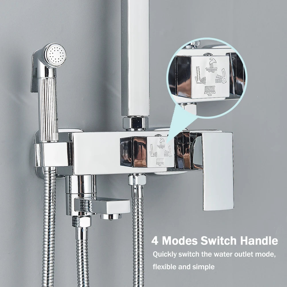 Rainfall Bathroom Shower Faucet Kit With Bidet Wall Mounted Stainless Steel Hot Cold Water Mixer Tap System With Rack,Tub Spout