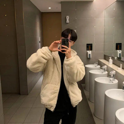 Winter faux lamb wool jacket men's padded thickened cotton clothing loose fleece jacket cotton clothing.