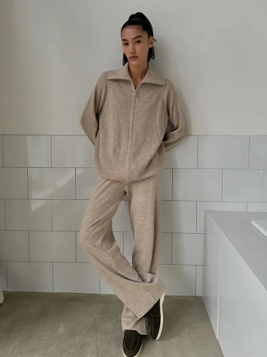 Tornova Zipper Strickjacke Pullover Anzug Weibliche Gestrickte Langarm Casual Mantel Breitbeinig Hosen Pullover frauen Zwei Stück Set