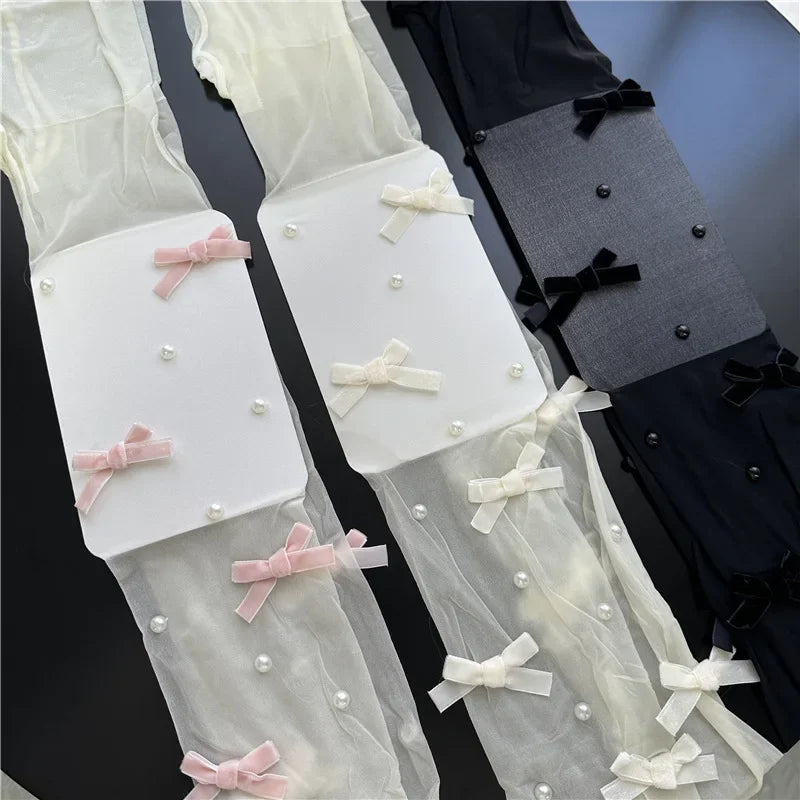 Sweet Pure Desire Butterfly Knot Stockings Pearl Pantyhose Women's Ultra Thin Any Cut Anti Snag Long Tube Socks