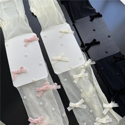 Sweet Pure Desire Butterfly Knot Stockings Pearl Pantyhose Women's Ultra Thin Any Cut Anti Snag Long Tube Socks