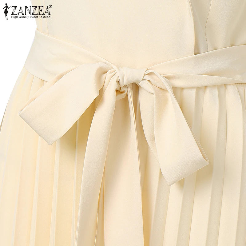 Fashion Women Jumpsuits 2025 ZANZEA Summer Rompers Elegant Wide Leg Work OL Overalls V Neck Sleeveless Pleated Playsuit Trousers