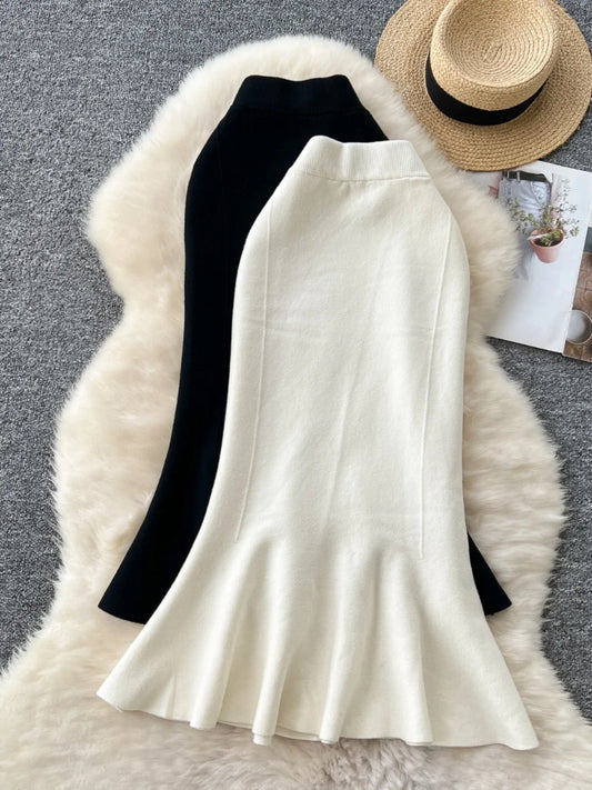 High Waisted Vintage Knitted Skirt Women Ruffled Slit Fishtail Office Midi Skirts Autumn Winter Woolen Skirt.