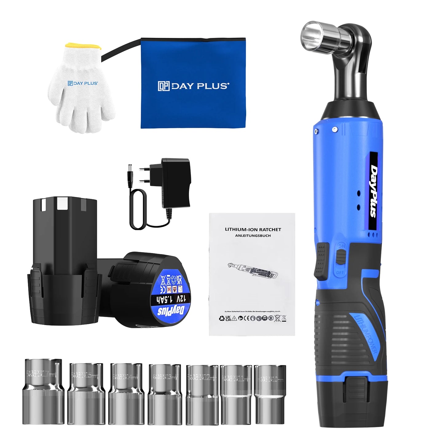 DayPlus 3/8 Zoll kabelloser elektrischer Ratschenschlüssel, 12 V Power-Ratschengerät 200 NM mit 2 x 1500 mAh-Batterien 90 °   Winkelschlüssel, 7 Steckdosen
