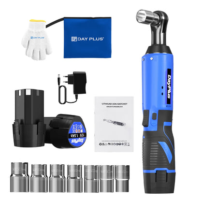 DayPlus 3/8 Zoll kabelloser elektrischer Ratschenschlüssel, 12 V Power-Ratschengerät 200 NM mit 2 x 1500 mAh-Batterien 90 °   Winkelschlüssel, 7 Steckdosen