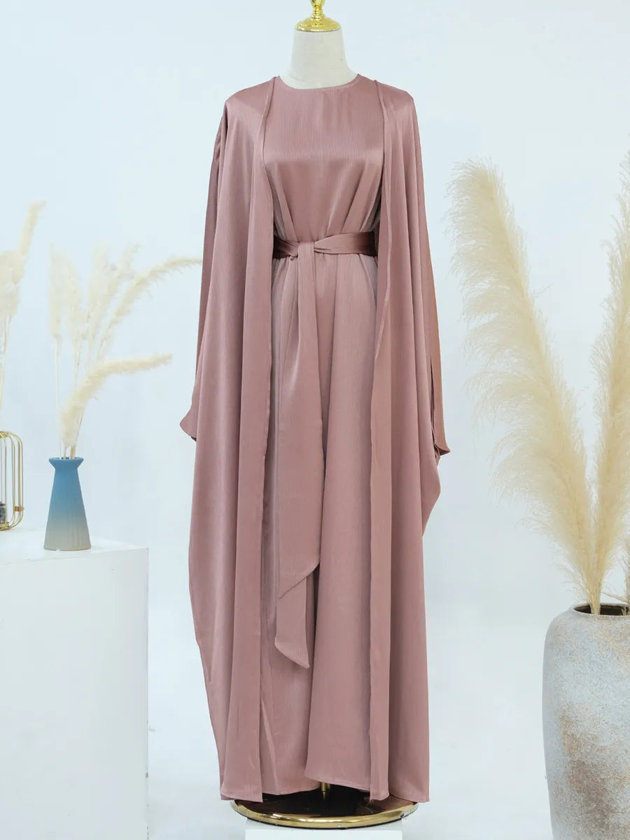 Muslim Turkish Women Arabic Dubai Abaya Long Dress Modest Ramadan Robe Liner Dress Kaftan Two-Piece Set Femme Islam Clothing Set